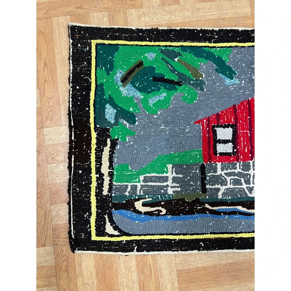 Vintage Latch Hook Rug Country Water Mill Scene Tapestry Cottage Farmhouse Decor